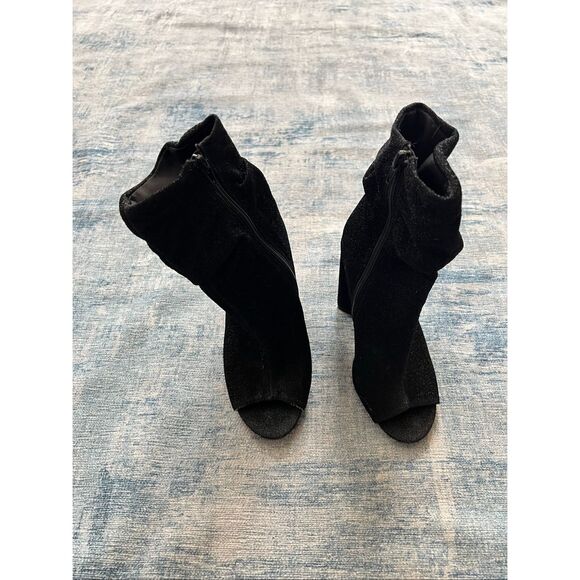 Qupid Black Sparkle Fabric Peep Toe Side Zip Block Heel Boots Size 6 - Picture 3 of 12